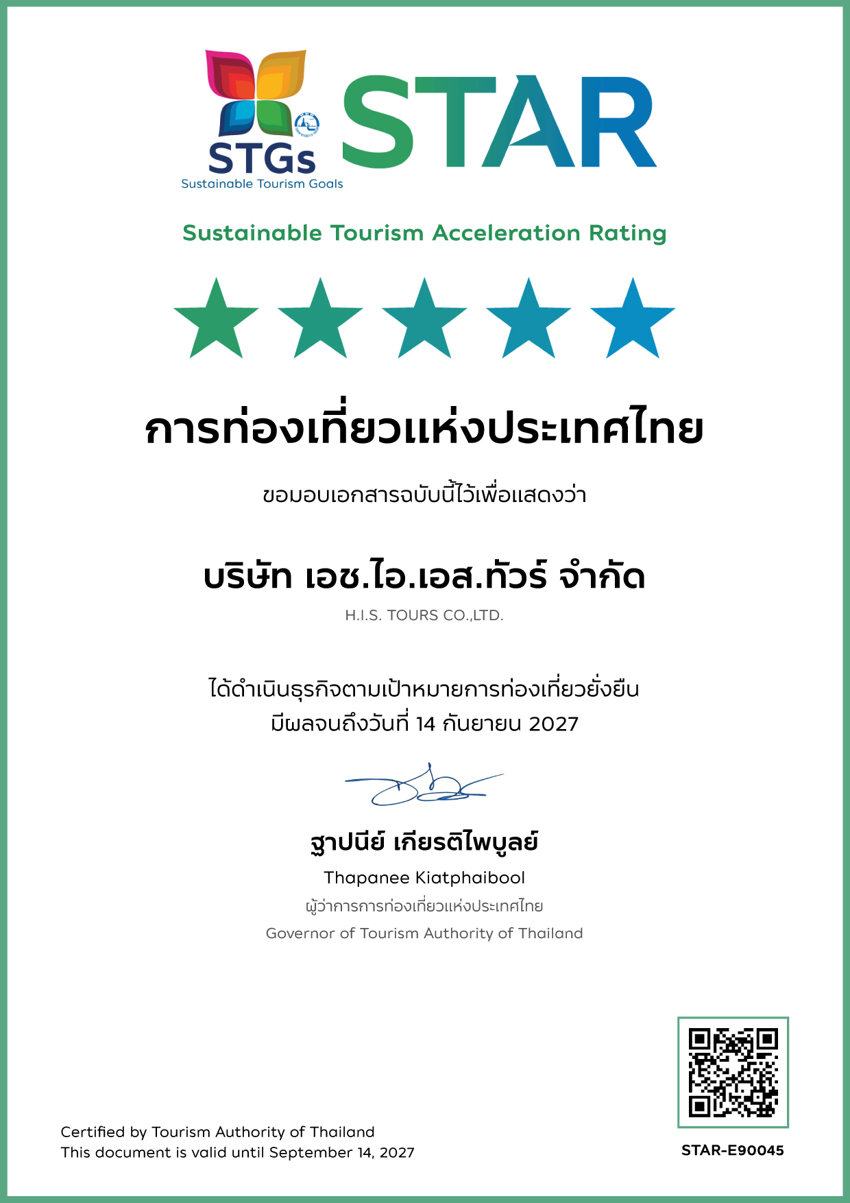 เอชไอเอส ทัวร์ส์ คว้า 5 ดาวแห่งความยั่งยืน STAR ตามมาตรฐาน STGs